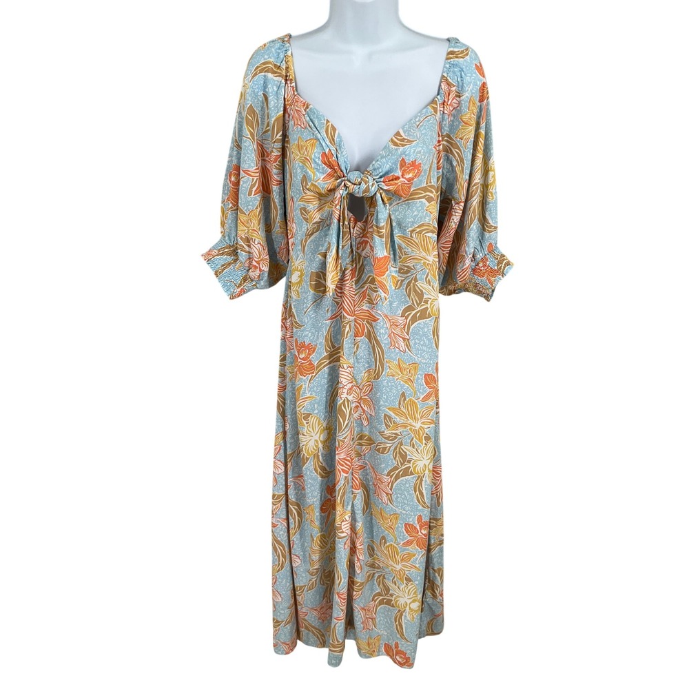 Roxy Maxi Dress Women XL Blue Floral Tie Front Puff Sleeve Festival Tropical